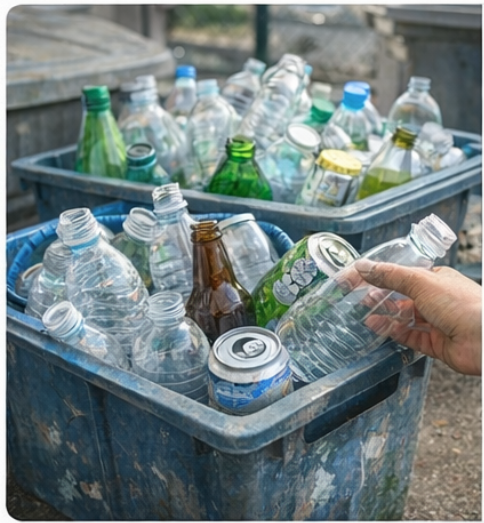Plastic and glass bottles ready for recycling